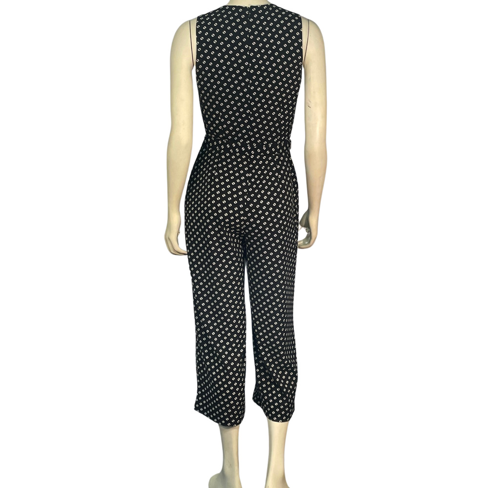 Michael Kors Sz 2 Belted Jumpsuit Cropped Pants V-Neck Bodice Black White Dots - Picture 3 of 13